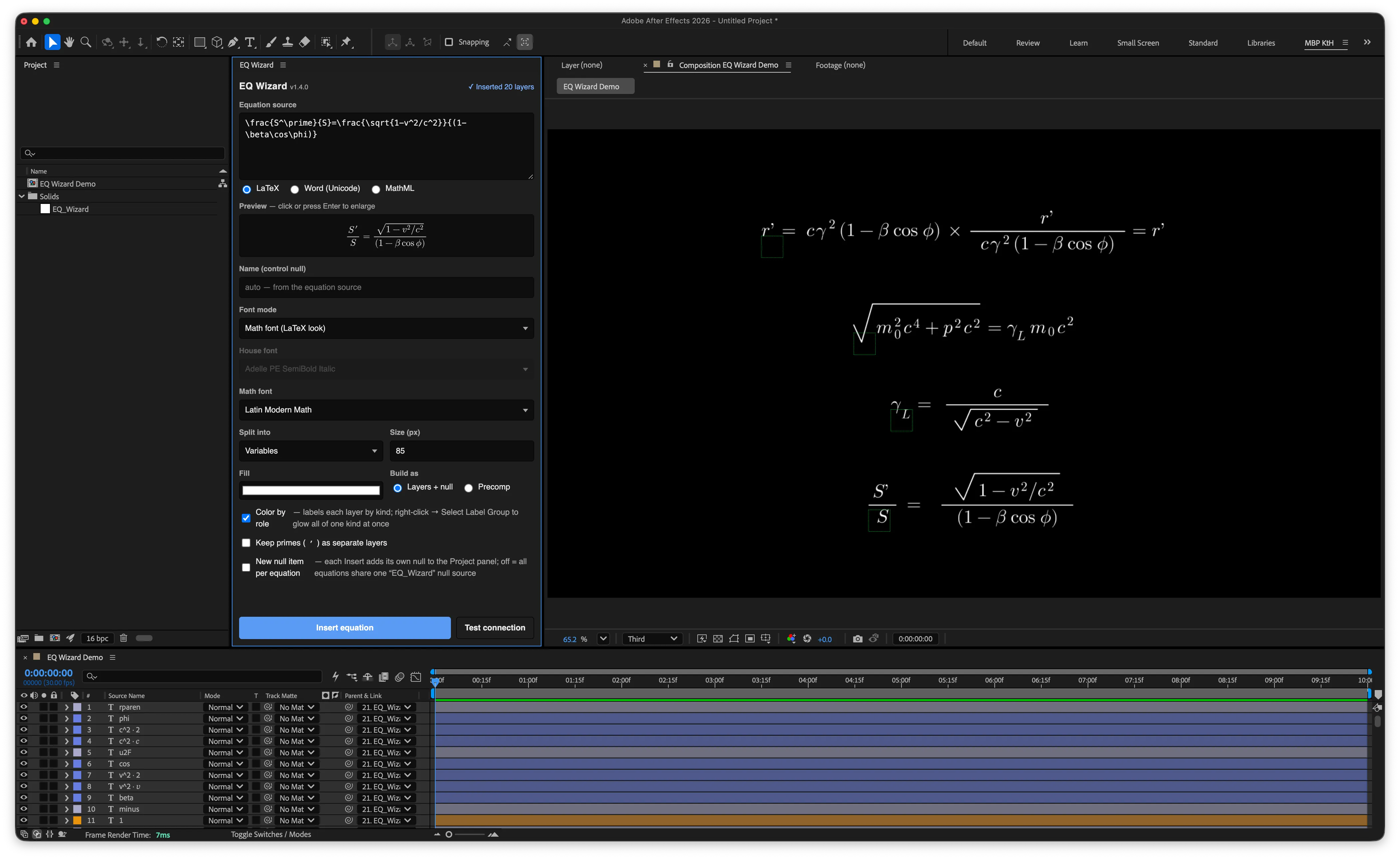 EQ Wizard panel docked in After Effects next to a composition of built equations