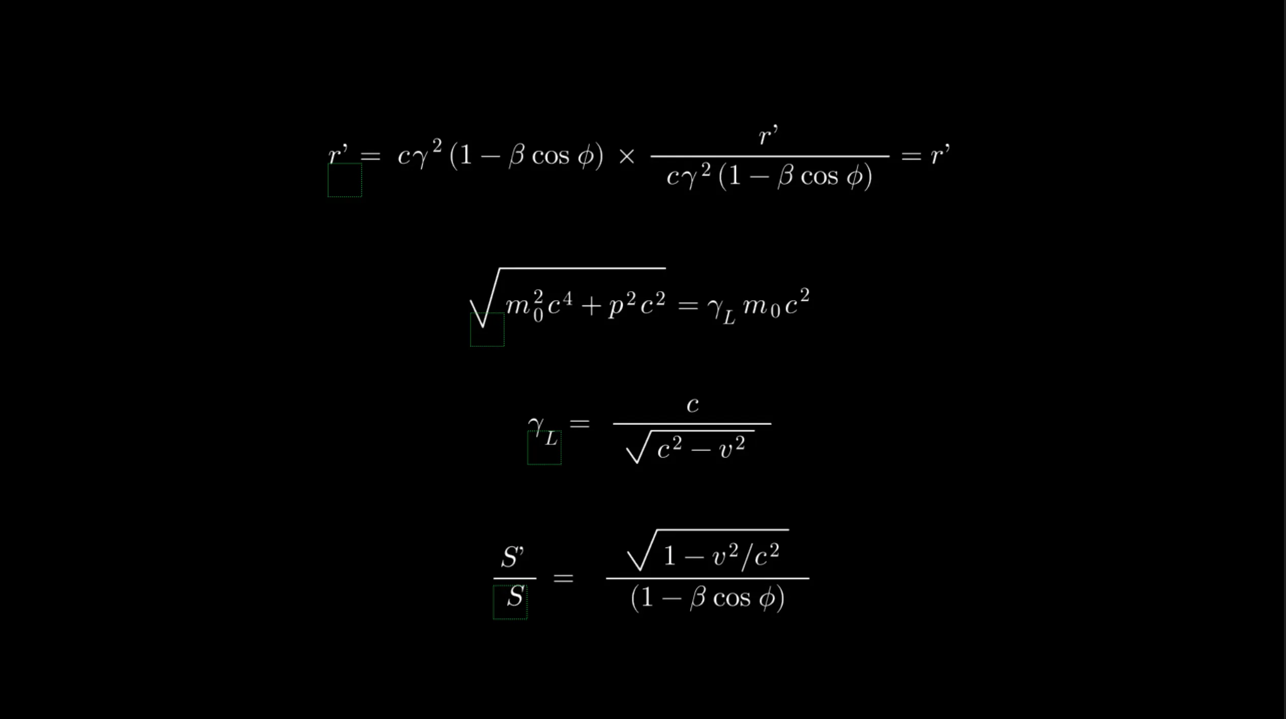 Four rendered equations in an After Effects composition, each with its control null