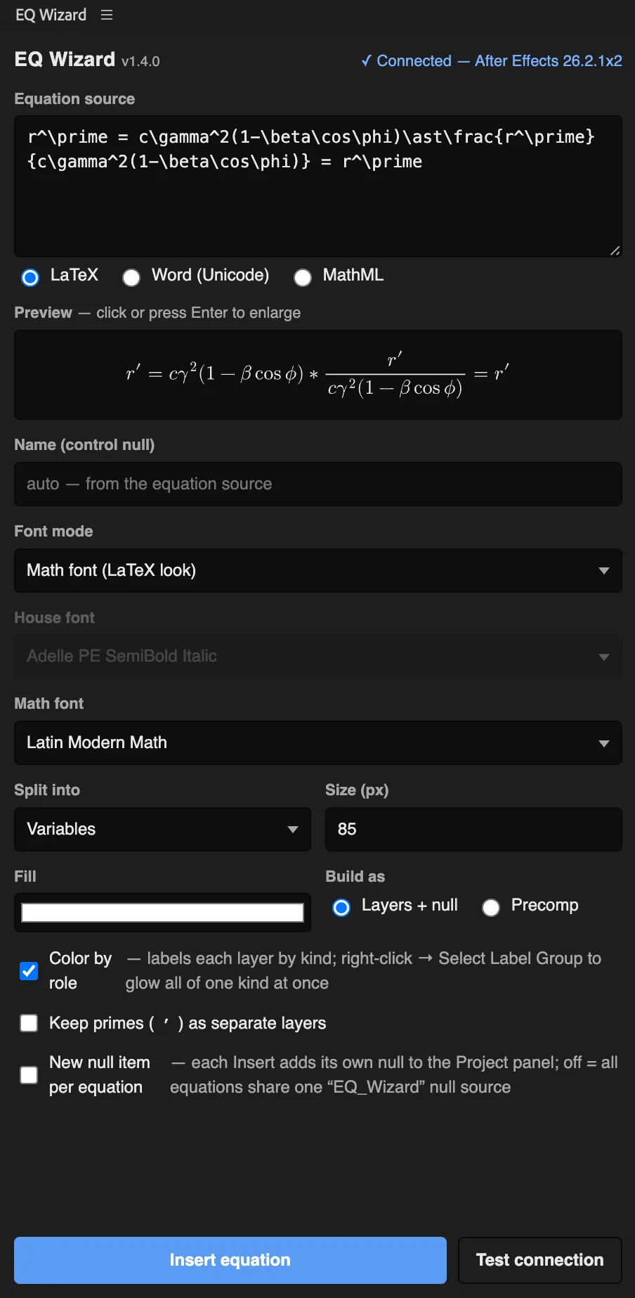 The EQ Wizard panel: equation source, format selector, live preview, font, split, size, and build options